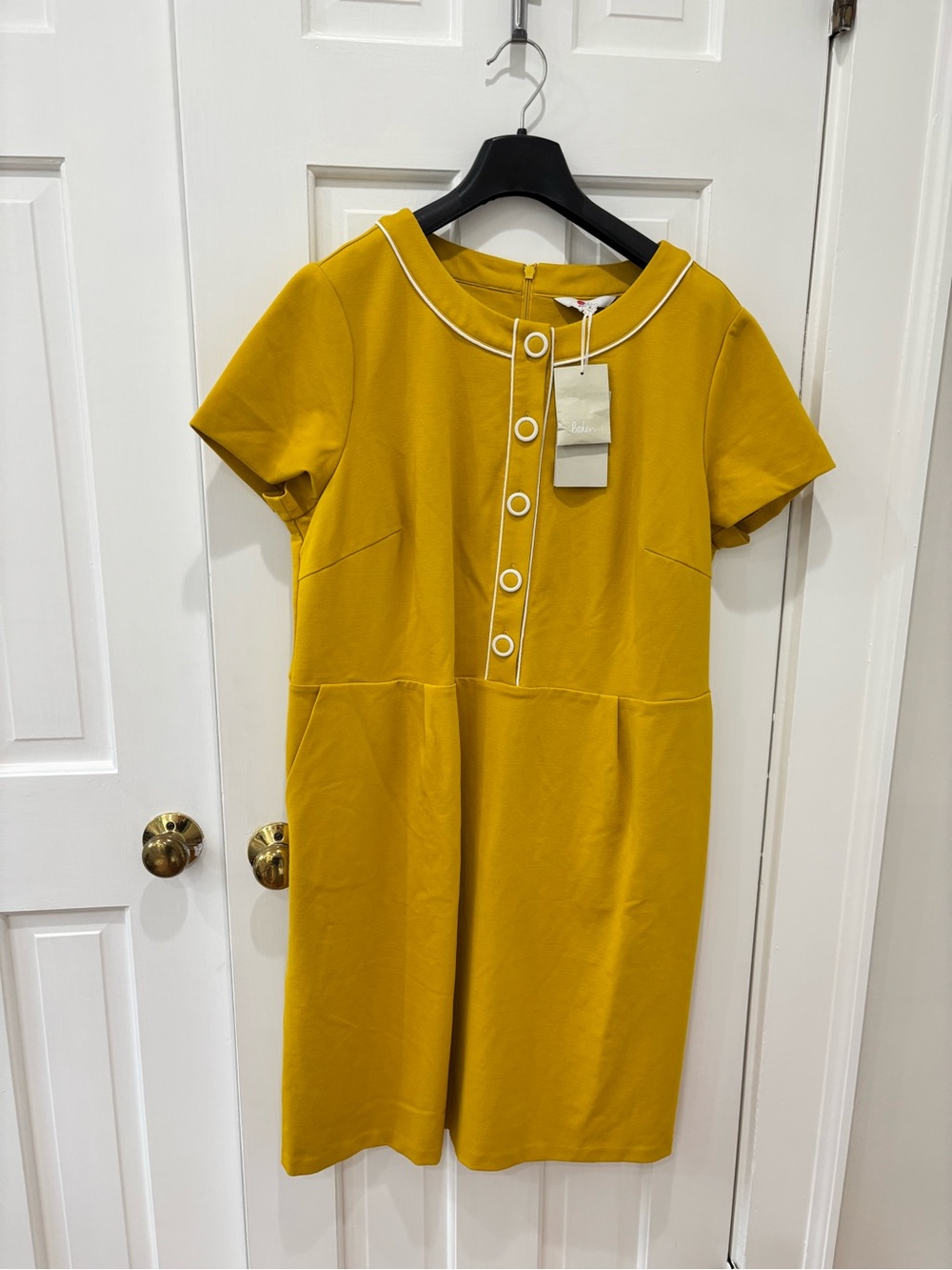 Boden Mustard Yellow Short-Sleeve Midi Dress with White Trim
